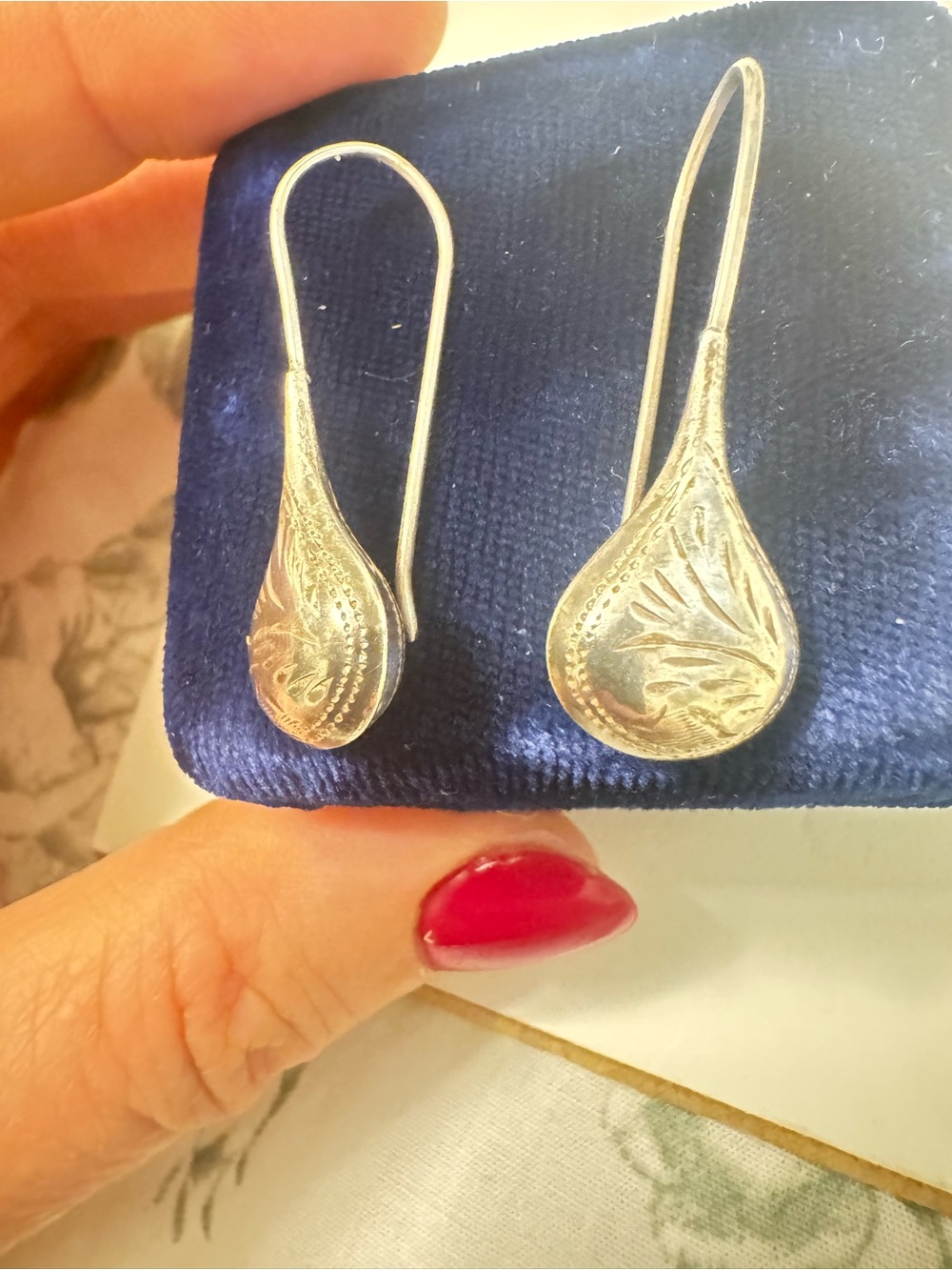Sterling Silver Teardrop Engraved Dangle Earrings - Silver